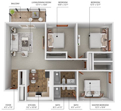 Floor plan for 3 beds, 2 baths, 1055 sqft